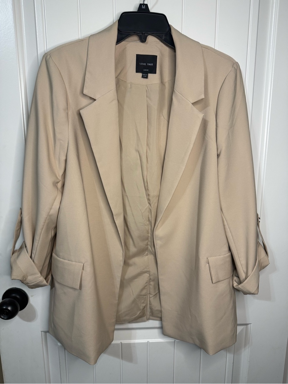 Love Tree Beige Open-Front Roll-Sleeve Blazer - Picture 3 of 8